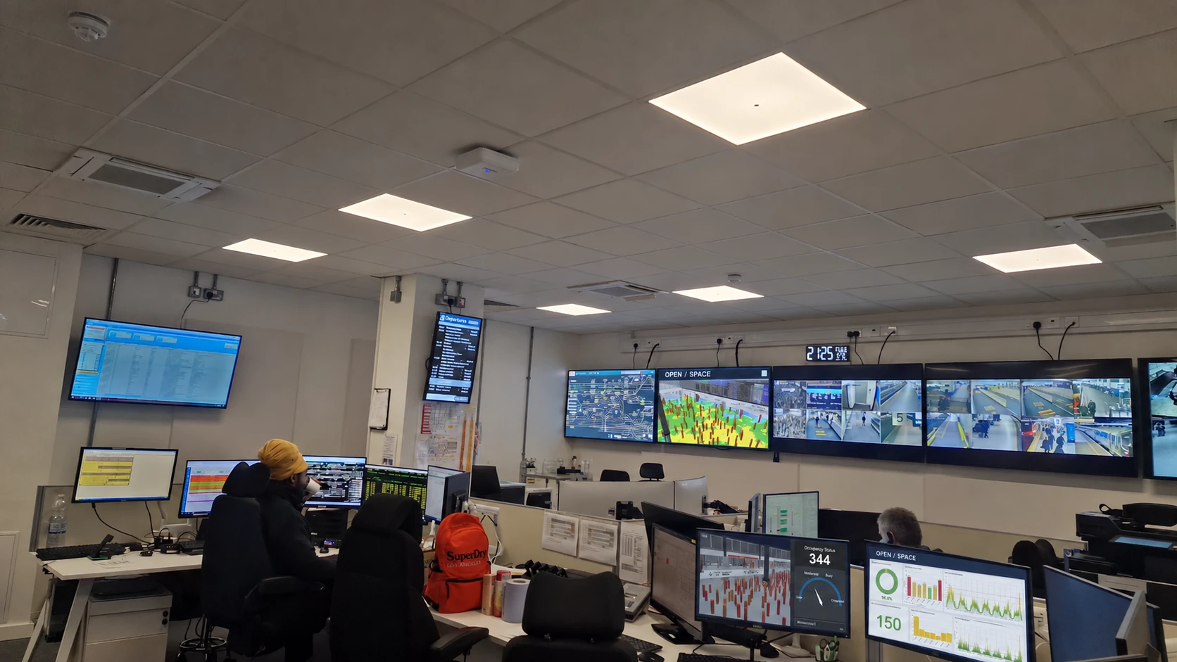 London Euston control room, with the OPEN / SPACE digital twin and occupancy dashboards live on the operators' screens